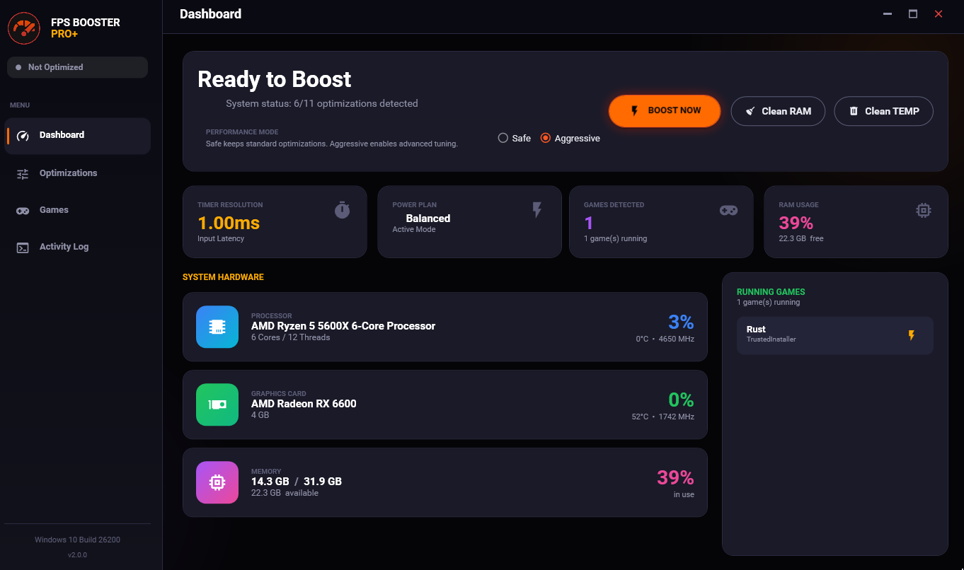 FPS Booster Pro+ Dashboard